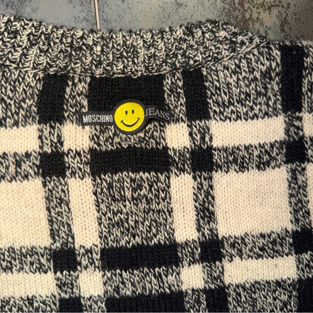 Moschino Black & Cream Plaid Crewneck with Heart and Peace Elbow Patches - Picture 4 of 6